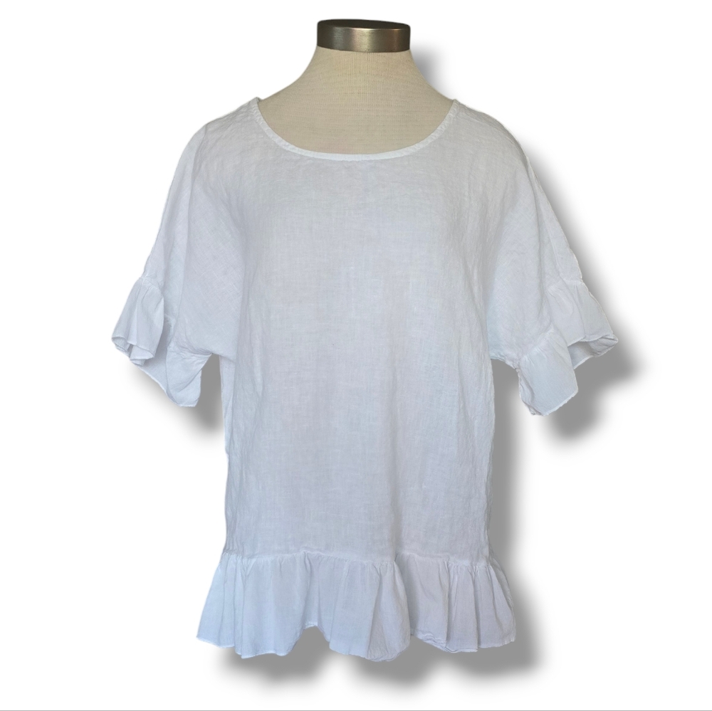 Terzo Millennio White Peasant Linen Top Flounce Hem Short Sleeve oversized